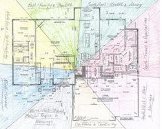 a blueprint drawing of a house with the floor plan drawn out in different colors