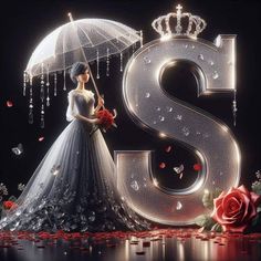 a woman in a dress holding an umbrella next to the letter s and rose petals