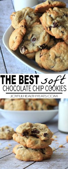 the best chocolate chip cookies are stacked on top of each other and ready to be eaten