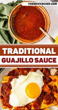 traditional guacamole sauce in a bowl with an egg on top and the title above it