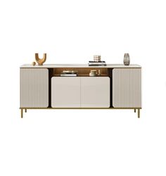 the sideboard is white and has gold accents