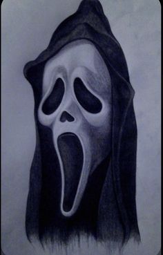 a drawing of a scream mask with long hair and a hood on it's head