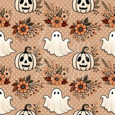 a pattern with pumpkins and ghost heads on it's side, as well as flowers