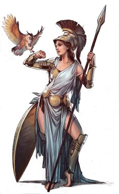 a woman dressed as an egyptian warrior holding a spear and a bird on her arm