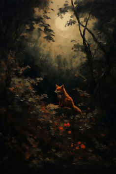 a painting of a fox sitting in the woods