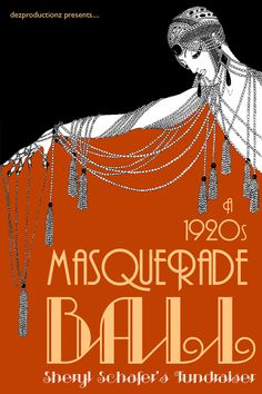 the masquerade ball poster is shown in orange and black, with beads hanging from it