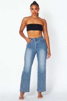 Get ready to elevate your denim game with our High Rise Rhinestone Denim Jean Pants! These pants feature a high rise silhouette and glamorous rhinestone detailing for a touch of sparkle. Perfect for adding some fun to your everyday look, these jeans are sure to become your new fashion go-to. (Just remember to accessorize with some sass!) Light wash denim High waisted Zipper/button closure Rhinestone detail Straight leg Embellished Straight Leg Denim Pants, Crystal Embellished Denim Jeans, Mid-rise Denim Flare Jeans With Rhinestones, High Waist Rhinestone Denim Jeans, Trendy Mid-rise Rhinestone Jeans, Trendy Straight Leg Jeans With Rhinestones, Rhinestone Denim Flare Jeans Straight Leg, Trendy Straight Leg Flare Jeans With Rhinestones, Spring High Rise Jeans With Rhinestones