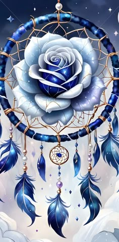 a painting of a blue rose with feathers on it's side and the moon in the background