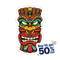 a sticker with an image of a tiki mask on it's face