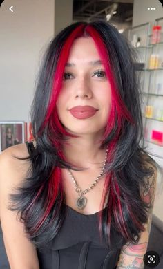 Under Side Hair Dye, Red Hair With Black Money Piece, Red Money Piece Hair Black Hair, Black Hair With Red Front Pieces, Red And Black Dyed Hair, Red Ghost Roots, Hair Pop Of Color, Black Hair With Red Money Piece, Vivids Haircolor