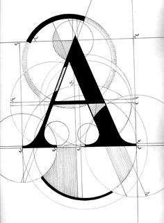 a black and white drawing of the letter a with geometric shapes in it's center