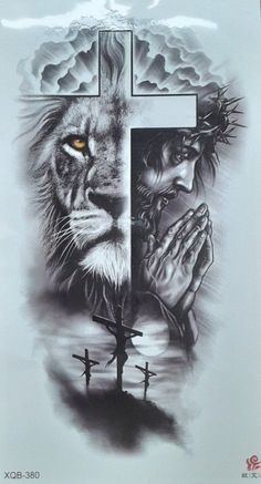 a drawing of jesus and a lion on a cross