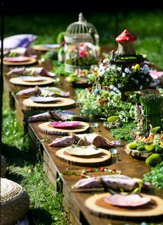 a long table with plates and flowers on it is set up for an outdoor party