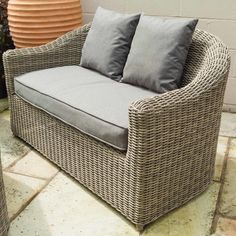 a wicker chair with two pillows on it sitting in front of a potted plant