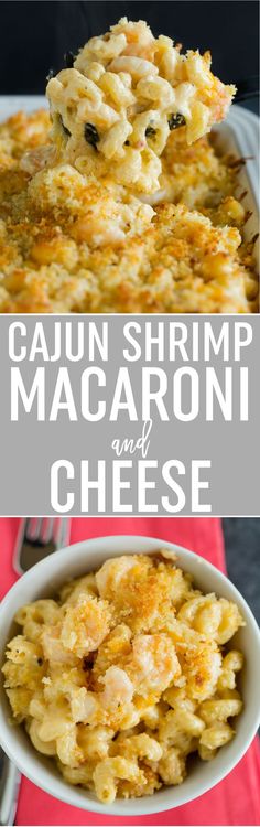 cajun shrimp macaroni and cheese in a white bowl