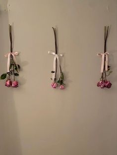 three flowers are hanging on the wall with ribbons