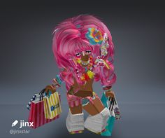 an animated woman with pink hair holding shopping bags