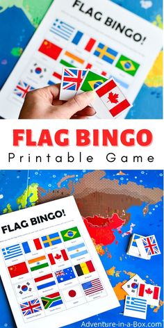 a flag game with the words flags on it and an image of a map in the background