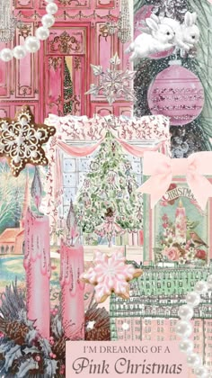 a collage of pink christmas items and decorations