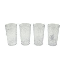 four clear glass tumblers are lined up in a row on a white background,