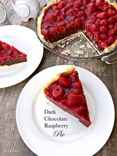 a slice of chocolate raspberry pie on a plate next to the rest of the pie