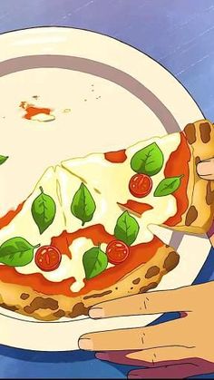 a person holding a slice of pizza on top of a white plate with green leafy toppings