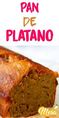 a close up of a loaf of bread on a plate with the words pan de platano in spanish