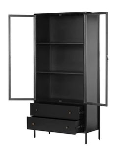 an open bookcase with drawers and shelves in black finish, against a white background