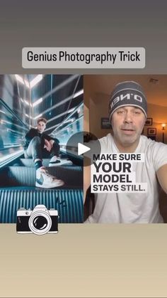 a man holding a camera in front of his face with the caption genius photography trick