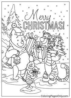 merry christmas coloring page with santa claus and other animals in the snow, holding presents