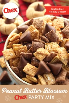 a bowl full of peanut butter blossom chex party mix with the title overlay