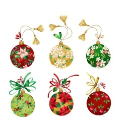 six christmas ornaments with bows and ribbons hanging from the top, all decorated in different colors