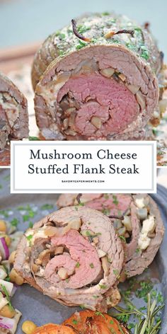 mushroom cheese stuffed flank steak on a plate