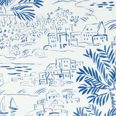 a blue and white wallpaper with houses, trees and boats