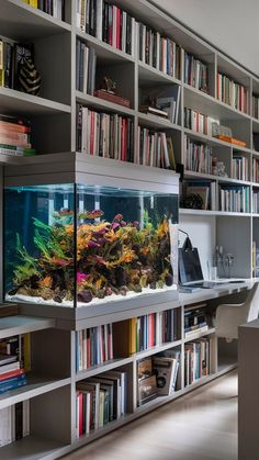 Innovative Bookshelf Aquarium Design Ideas Aquarium In Bookshelf, Bookshelf Fish Tank, Aquarium Library, Built In Aquarium, Home Aquarium Ideas, Interior Aquarium, Aquarium Design Ideas, Office Aquarium, In Home Library