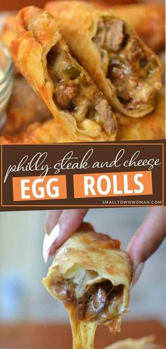 an egg roll is being held up to show the fillings and meat inside it