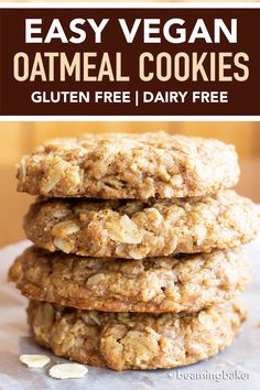 three oatmeal cookies stacked on top of each other with text overlay