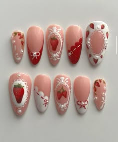 Strawberry Nail Art, Strawberry Nails, Cute Simple Nails, Soft Nails, Short Acrylic Nails Designs, February 22, Funky Nails