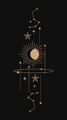 a black background with gold stars and an image of the sun in the sky above it