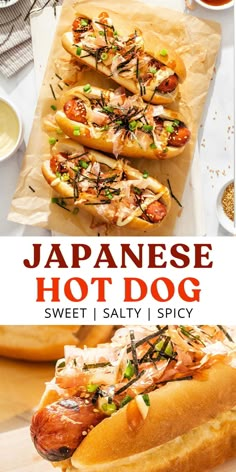 the japanese hot dog is served in buns with toppings