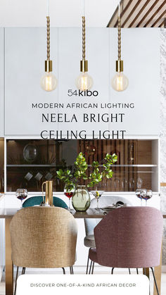 an advertisement for the modern african lighting company called ceiling light, featuring two chairs and a table