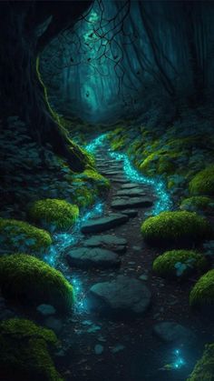 a path in the middle of a forest with moss growing on it's sides