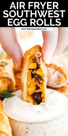 southwestern egg roll being dipped in a creamy ranch dressing. Chilis Egg Rolls, Egg Rolls Chicken, Southwest Eggrolls, Southwest Egg Rolls, Chicken Mexican, Egg Rolls Recipe, Homemade Egg Rolls, Chicken Egg Rolls, Egg Roll Recipes