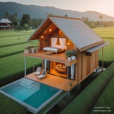 a small wooden house with a pool in the middle of it, surrounded by rice fields