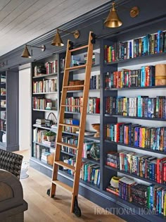 a living room filled with lots of books on shelves next to a couch and ladder