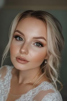 a woman with blonde hair and blue eyes is posing for a photo in her wedding dress