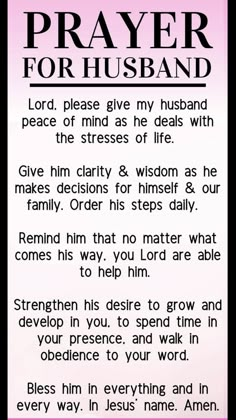 a prayer for husband and wife with the words prayer for husband in black on pink background