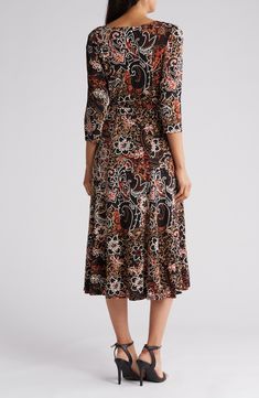 A stylish print and tie at the waist lends sophistication to a flowy midi dress fitted with three-quarter sleeves for a timeless look. 49" length (size Small) Jewel neck Three-quarter sleeves Removable waist tie 95% polyester, 5% spandex Machine wash, dry flat Imported Boat Neck Midi Dress, Flowy Midi Dress, Dressy Fashion, Dress Fitted, Women Midi, Jewel Neck, Printed Ties, Three Quarter Sleeves, Sophisticated Style