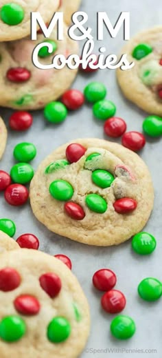 chocolate chip cookies with m & m candy on top