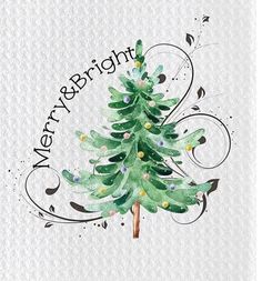 a christmas card with a watercolor painting of a green tree and the words merry bright on it